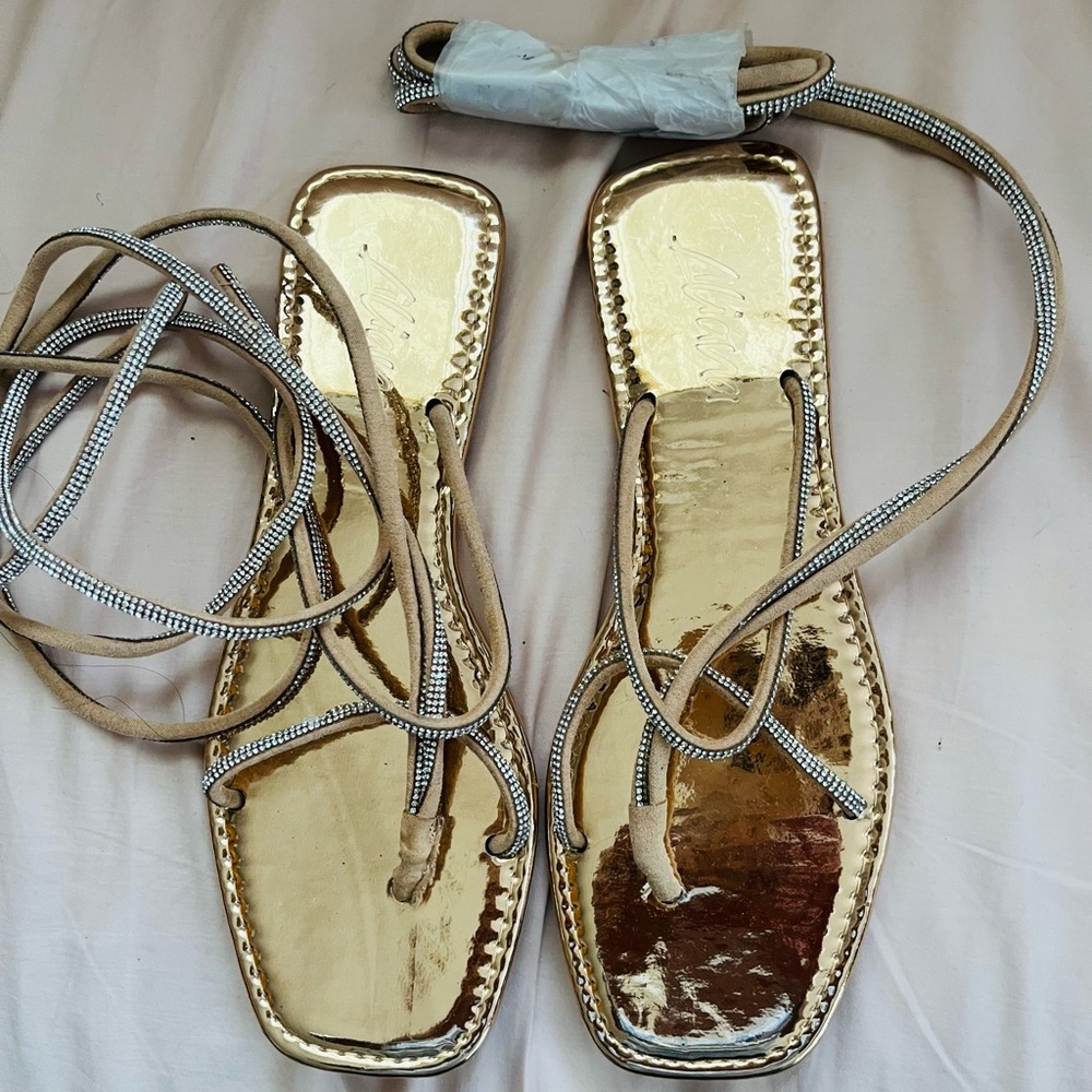 Gold Strappy Lace-Up Flat Sandals - Women's